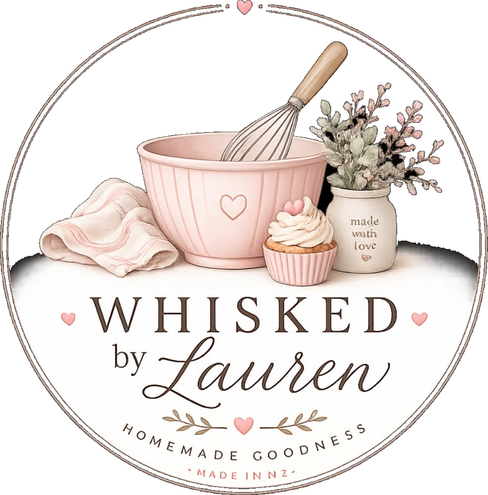 Whisked by Lauren logo - mixing bowl, whisk and cupcake illustration