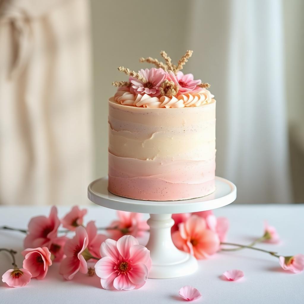 Pink and cream celebration cake with dried flowers