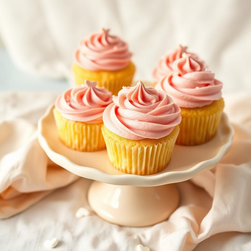 Vanilla cupcakes with pink buttercream on a cake stand
